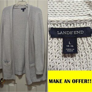 Lands End Light Gray Cotton - Acrylic Long Cardigan Sweater Size 14